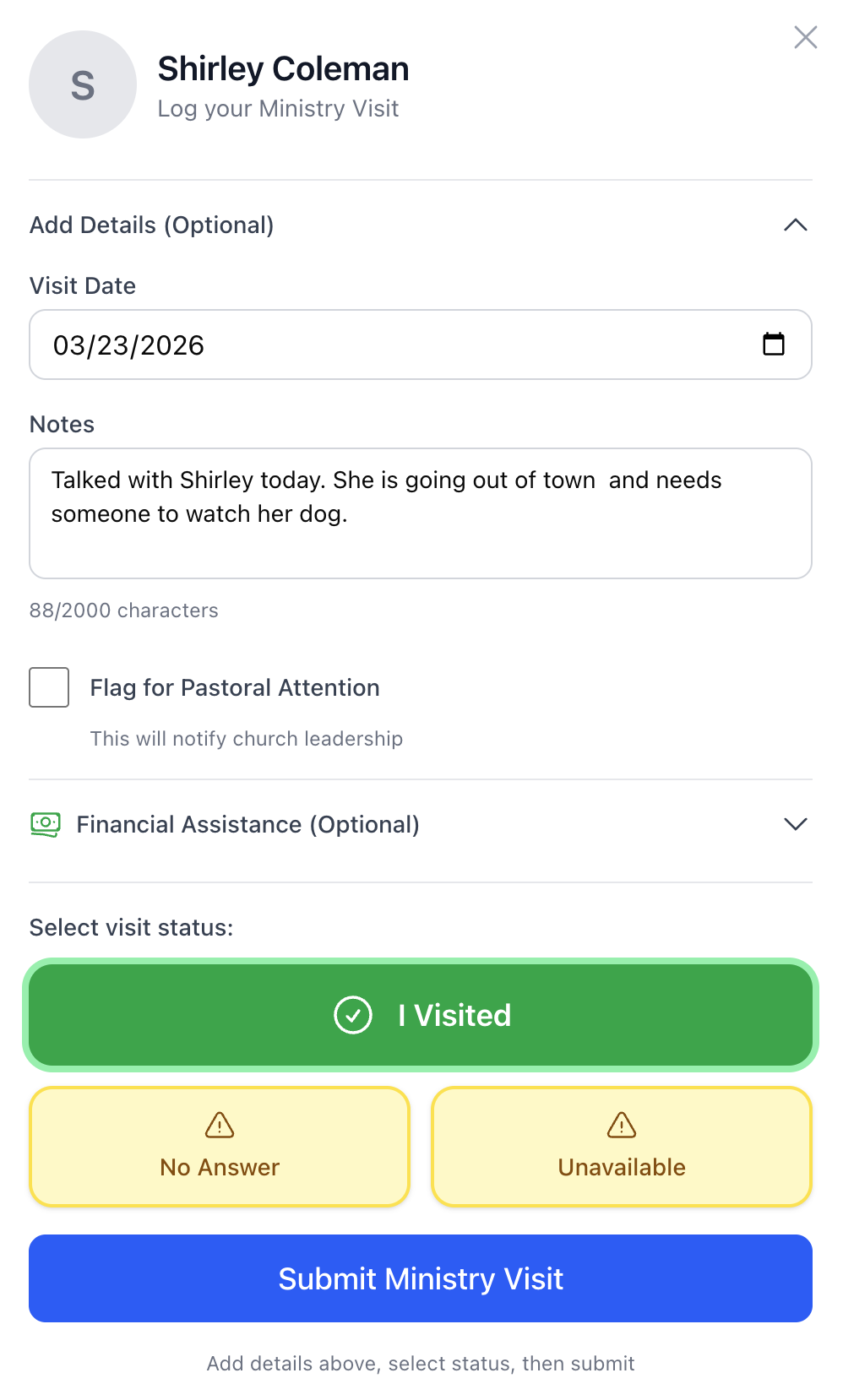 Mobile visit logging for Shirley Coleman with I Visited, No Answer, and Unavailable buttons