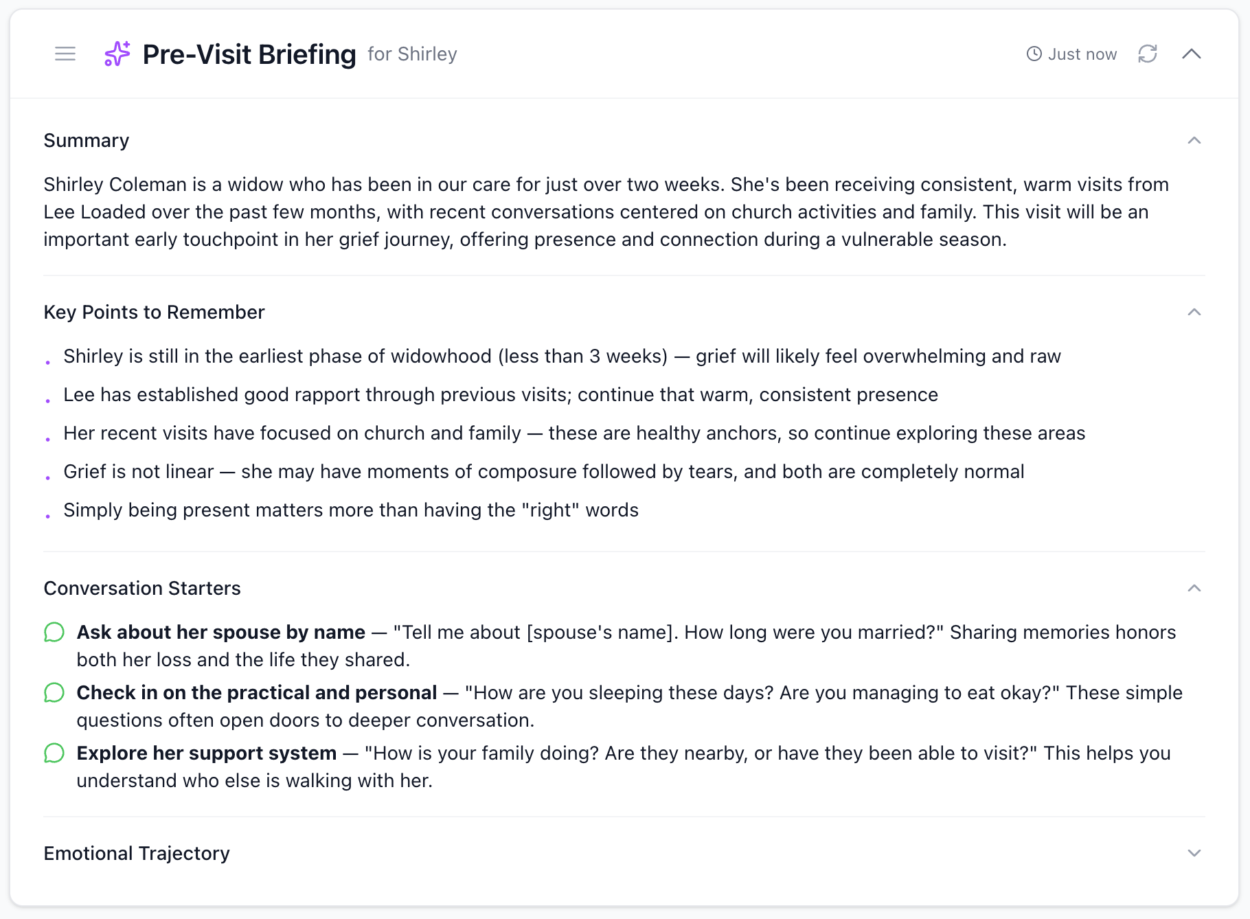 Pre-Visit Briefing showing AI-generated guidance for visiting a widow in early grief
