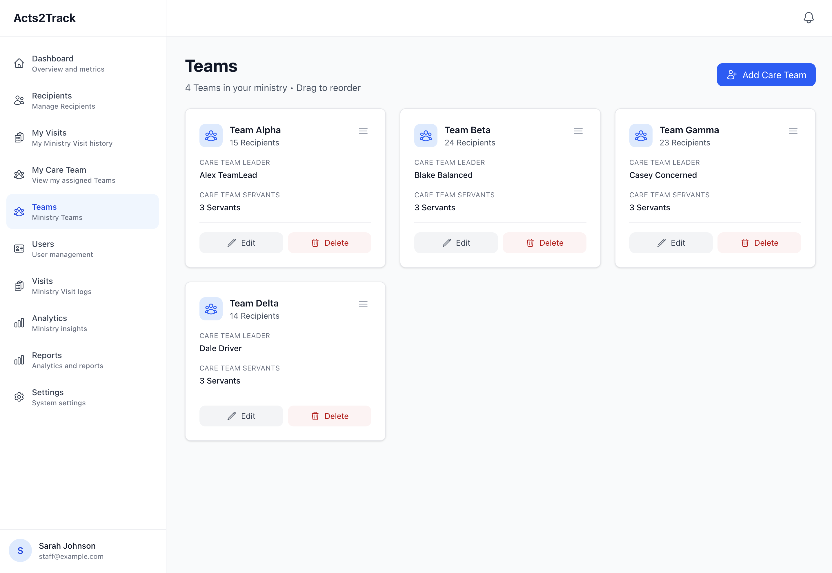 Teams page showing 4 care teams with leaders and servant counts